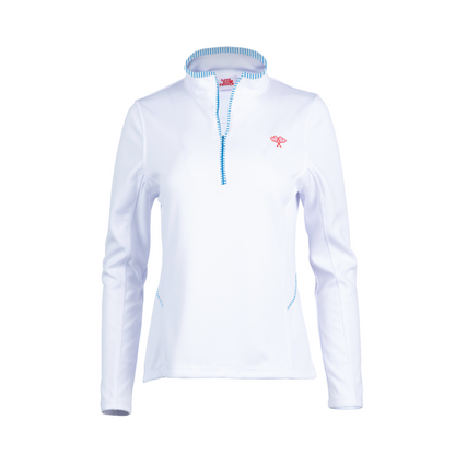 White long-sleeve shirt with a brand logo on a white background