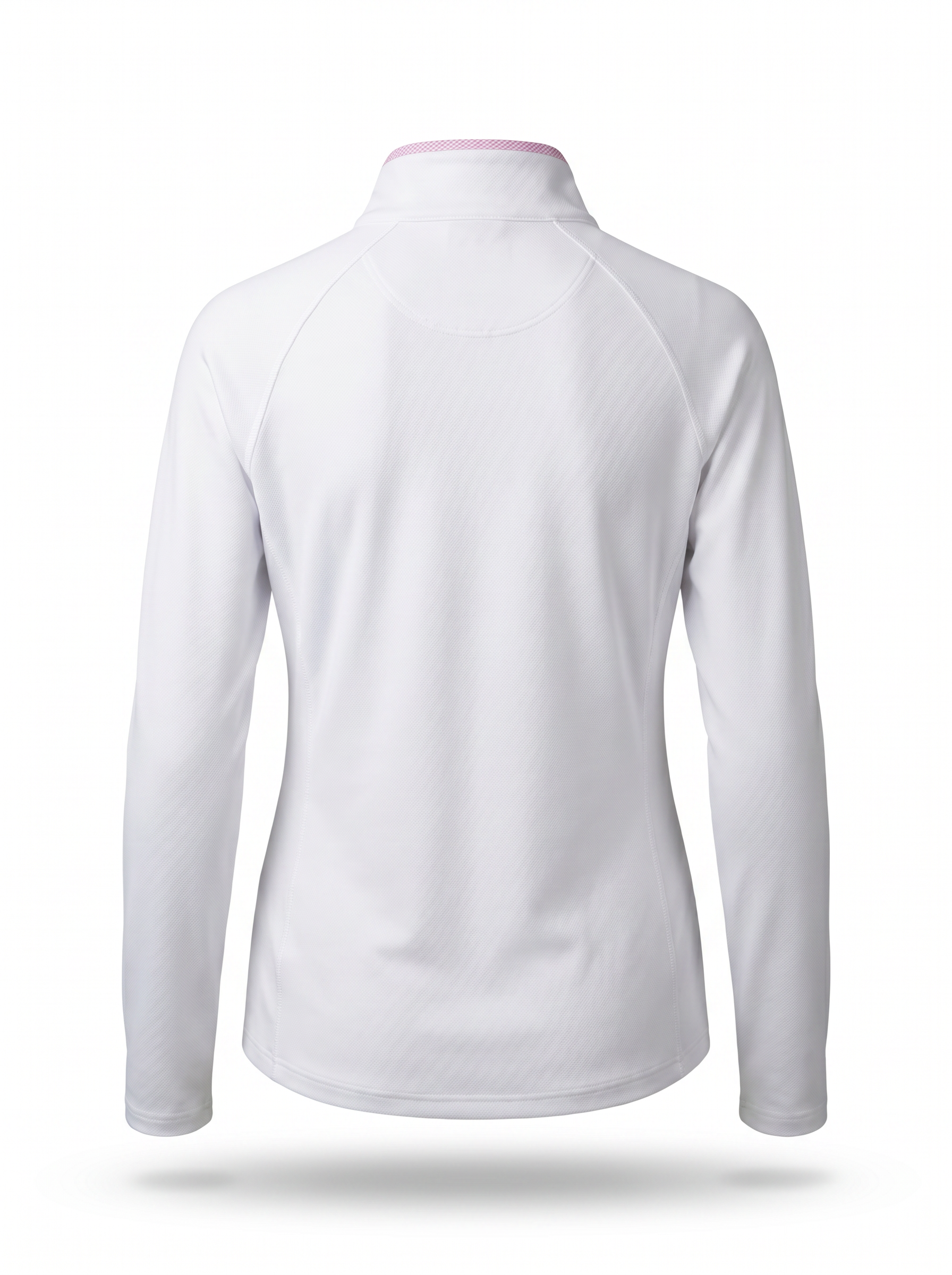 White long-sleeve athletic top shown from the back, featuring a mock neck with a thin pink trim, displayed on a clean white background.