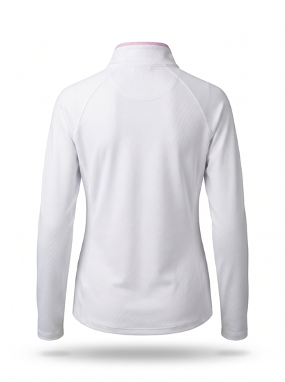 White long-sleeve athletic top shown from the back, featuring a mock neck with a thin pink trim, displayed on a clean white background.