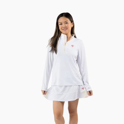 Woman wearing a white tennis outfit with a logo on a white background