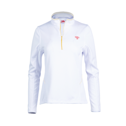 White long-sleeve shirt with a logo on a white background