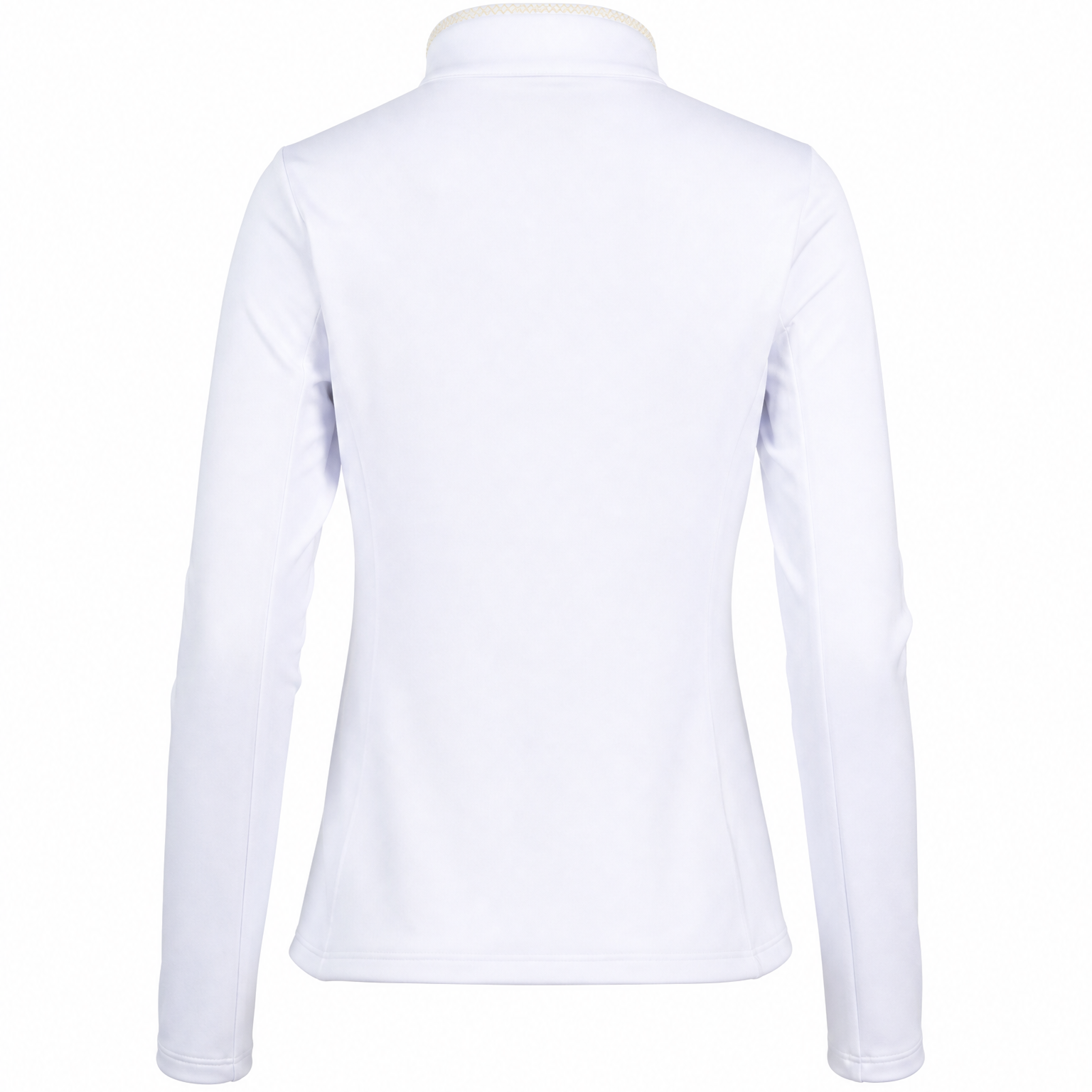 A white long-sleeve athletic top shown from the back, featuring a mock neck collar, displayed on a clean white background.