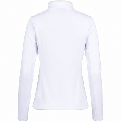 A white long-sleeve athletic top shown from the back, featuring a mock neck collar, displayed on a clean white background.