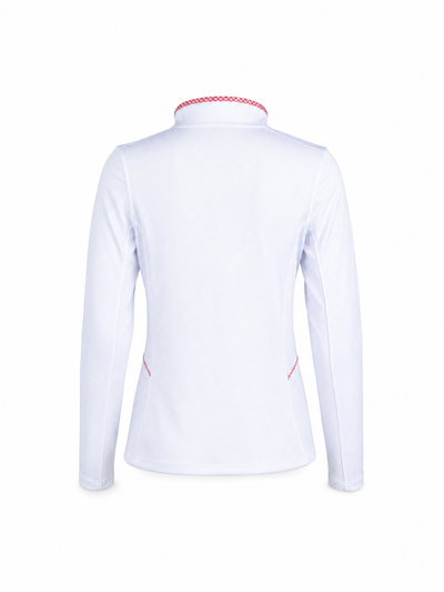 White long-sleeve athletic top shown from the back, featuring a high collar with a red patterned trim and small red accent lines near the lower back.