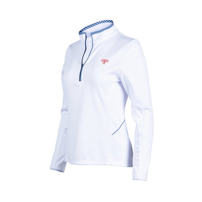 White long-sleeve shirt with blue trim on a white background
