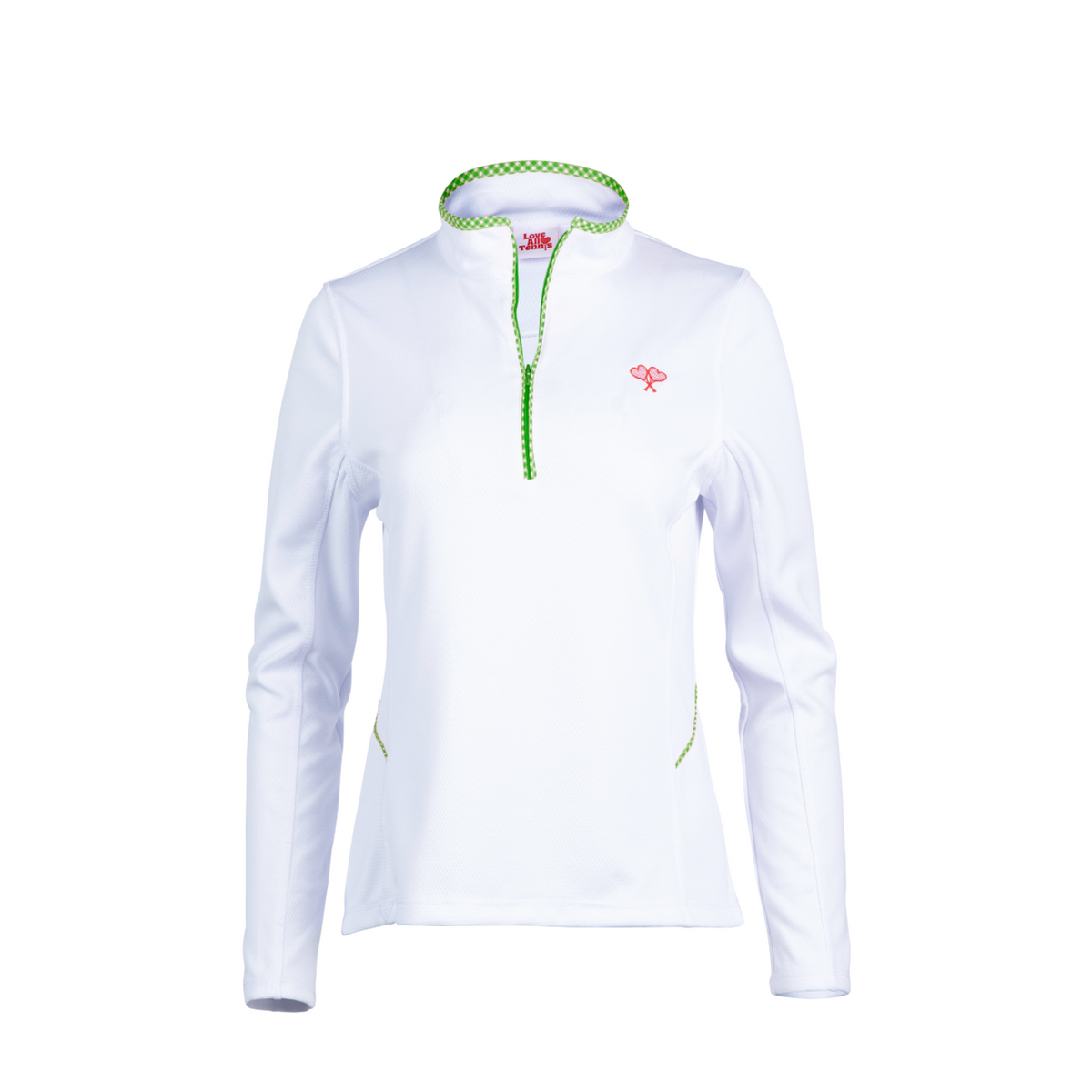 White long-sleeve athletic shirt with green accents on a white background