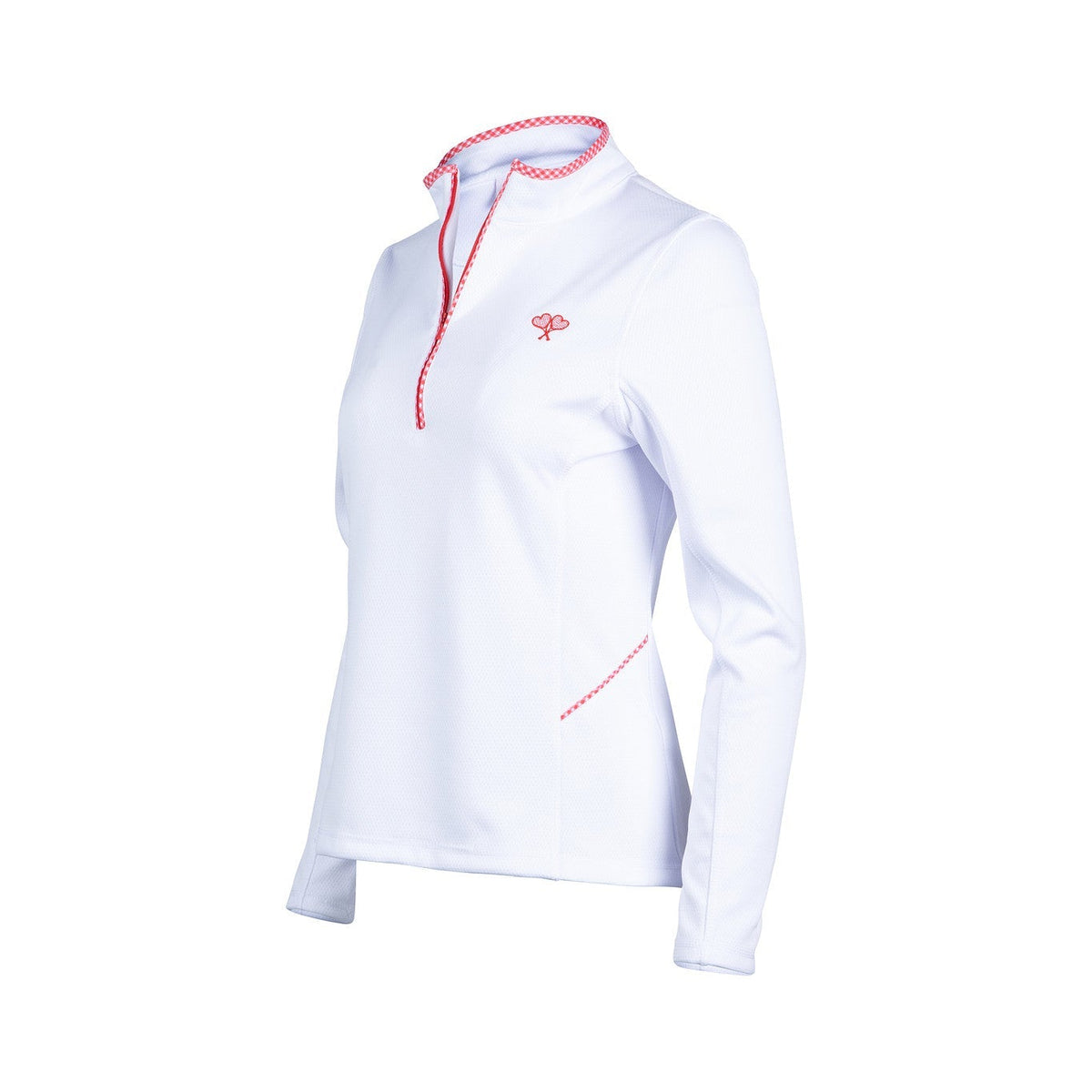 White long-sleeve athletic top with red accents on a white background