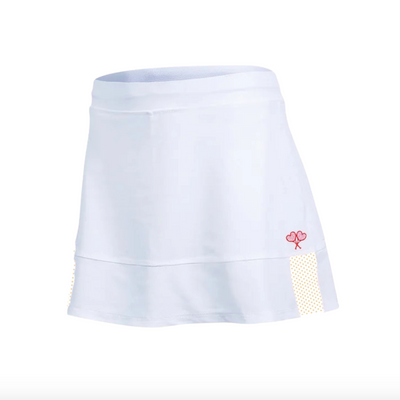 White skirt with a small pocket and decorative element on a white background