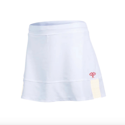 White skirt with a small pocket and decorative element on a white background