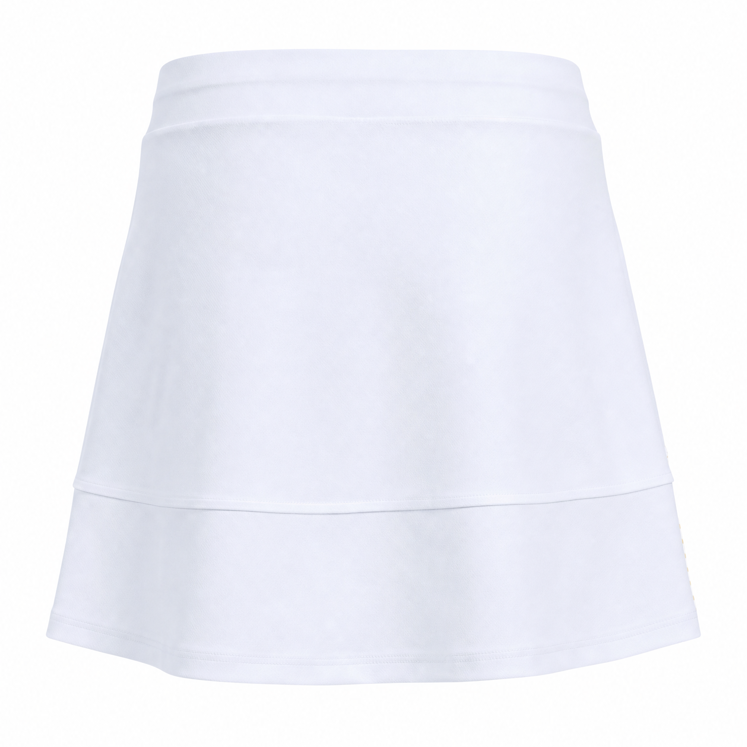 A white athletic mini skirt with a flared A-line silhouette, featuring a wide waistband and a horizontal seam near the hem, shown against a plain white background.