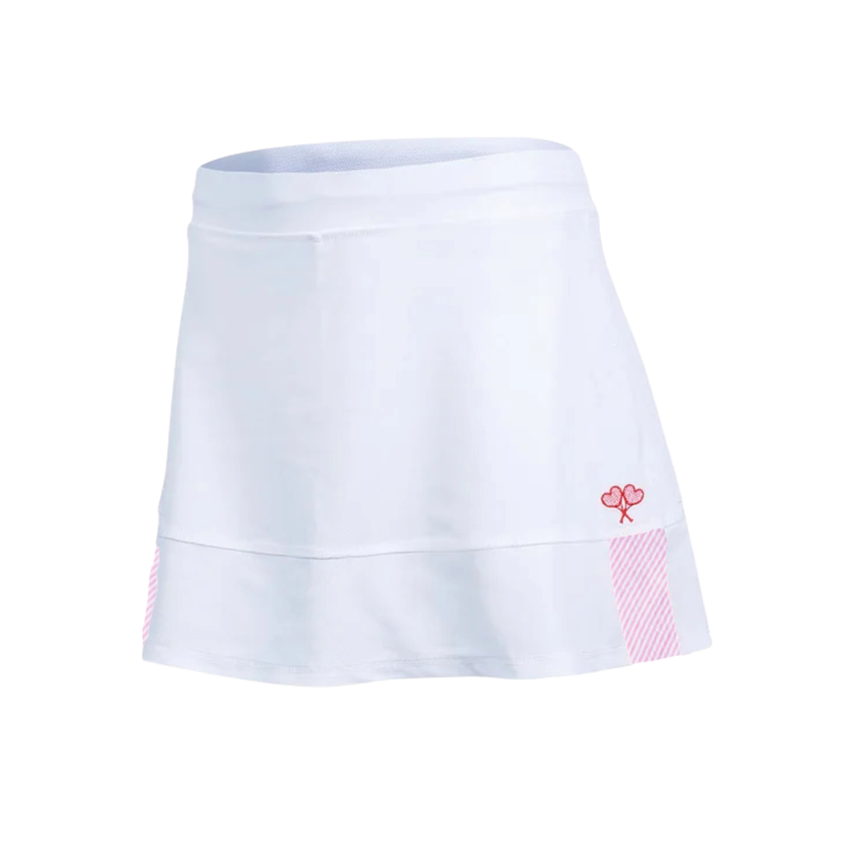 White skirt with pink floral design on a white background