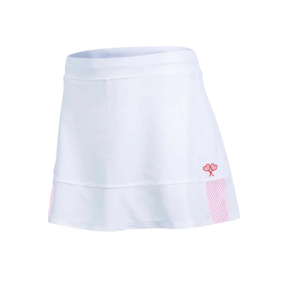 White skirt with pink floral design on a white background