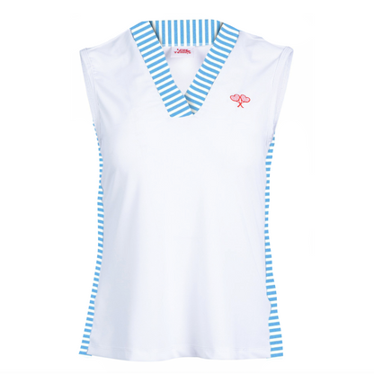 White sleeveless top with blue stripes on a white background