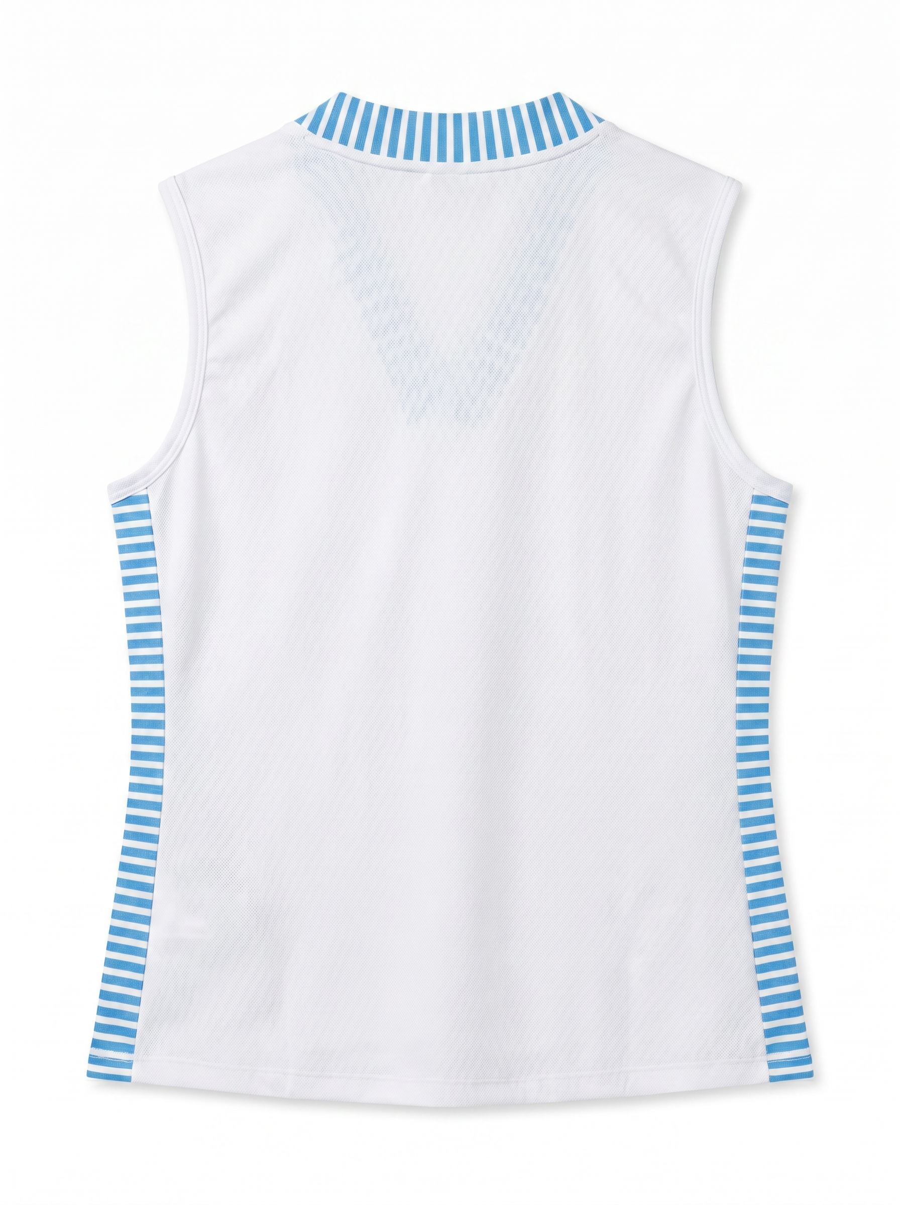 White sleeveless athletic tank top shown from the back, featuring light blue and white striped trim at the V-neck collar and along the side seams.