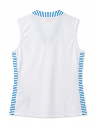 White sleeveless athletic tank top shown from the back, featuring light blue and white striped trim at the V-neck collar and along the side seams.