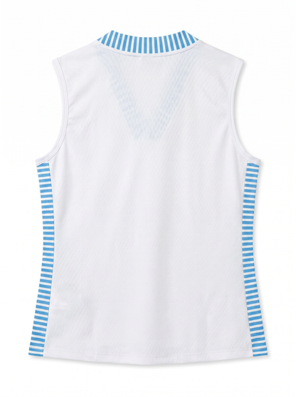 White sleeveless athletic tank top shown from the back, featuring light blue and white striped trim at the V-neck collar and along the side seams.