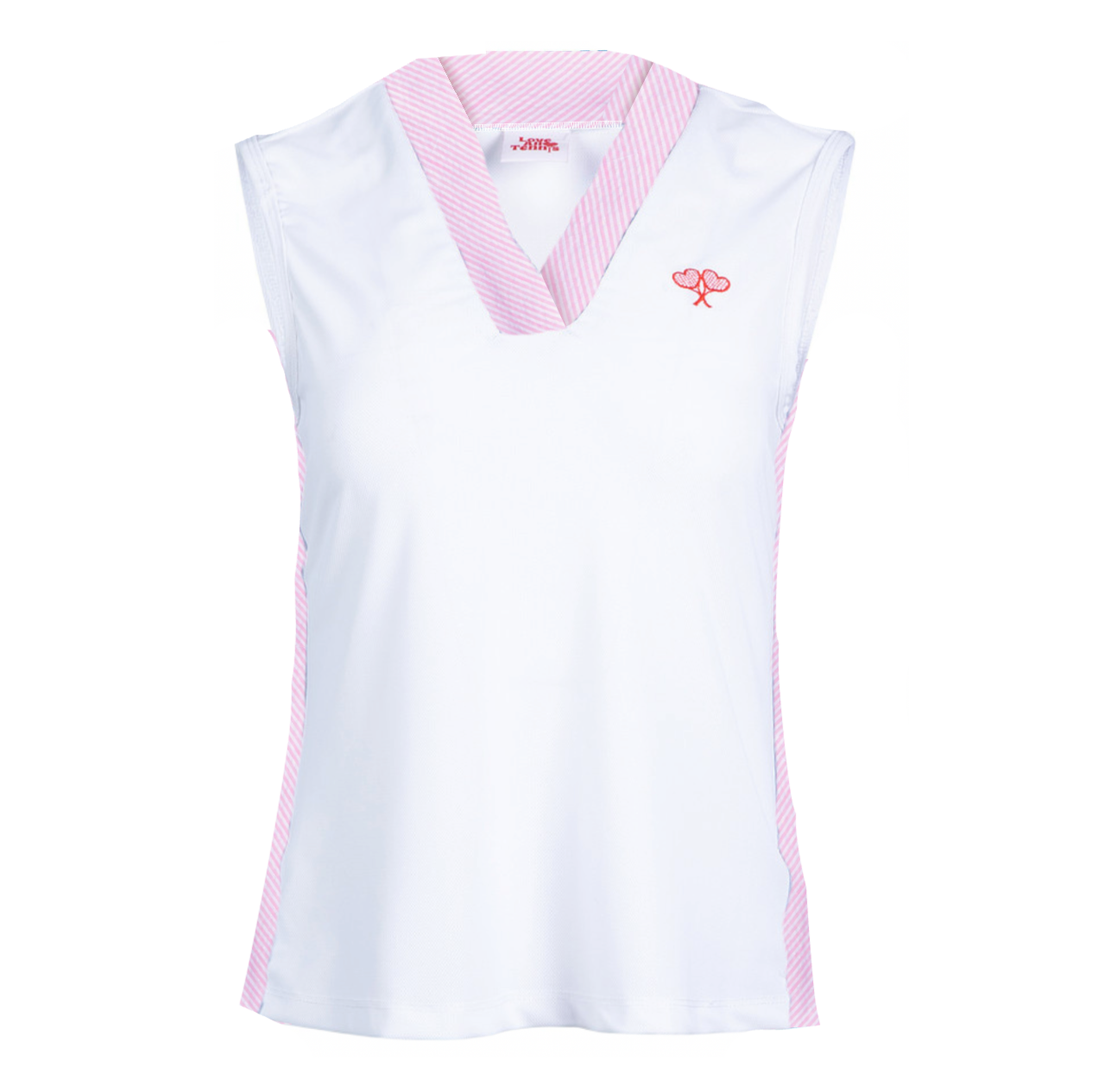 White sleeveless top with pink accents on a white background