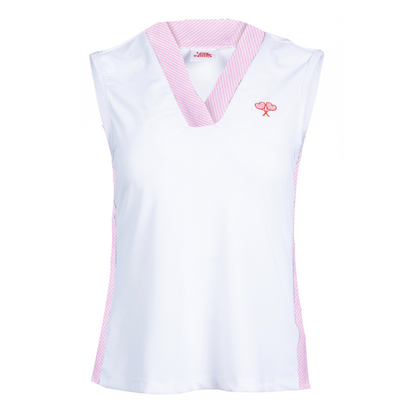 White sleeveless top with pink accents on a white background