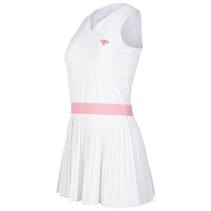 White dress with a pink belt on a white background