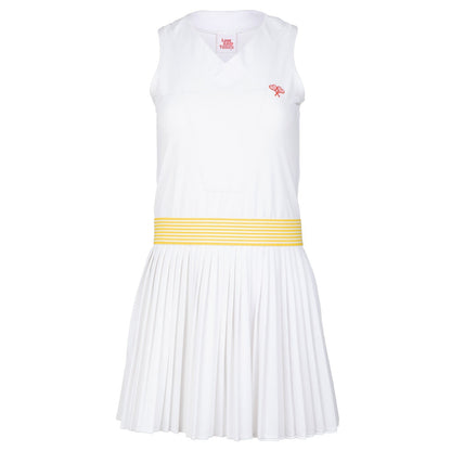 White dress with a yellow belt on a white background