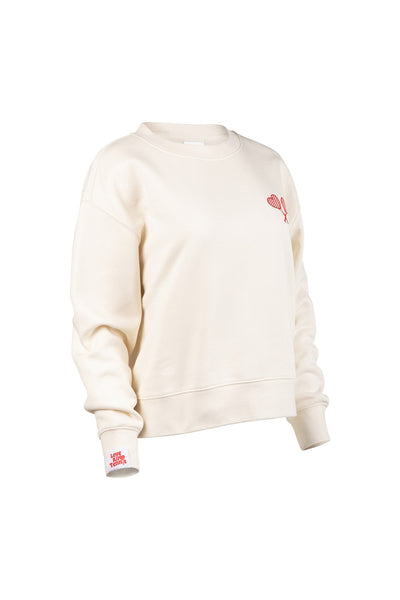 White sweatshirt with red logo on a white background