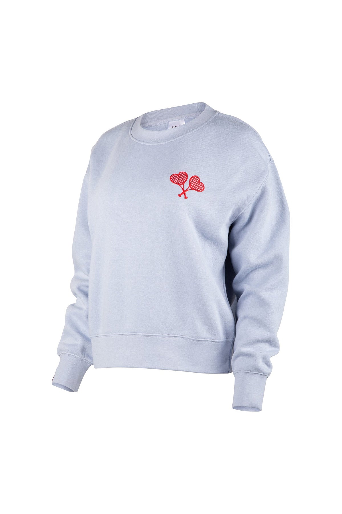 Light blue sweatshirt with a red logo on a white background