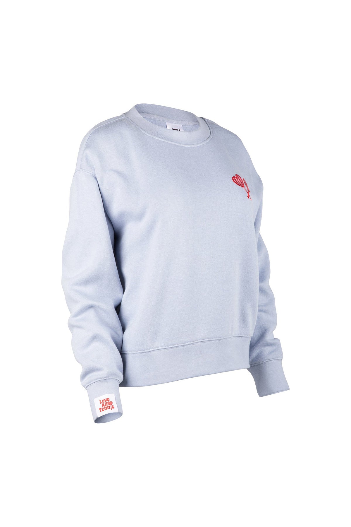 Light blue sweatshirt with a red logo on a white background