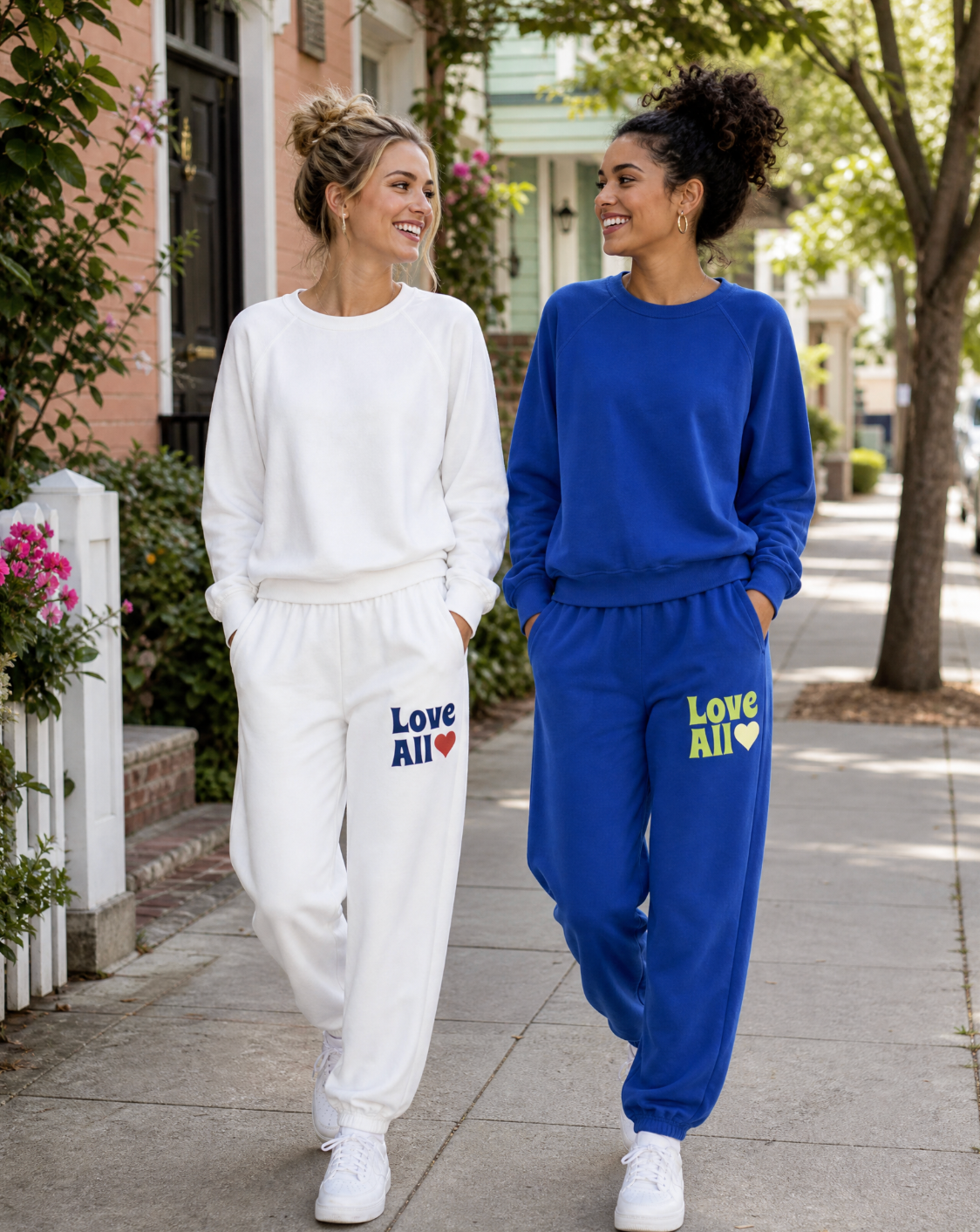 Two women walking side by side on a sunny residential sidewalk, each wearing a matching sweatshirt and jogger set. The woman on the left wears a white set with 'Love All' printed in blue and red on the thigh, and the woman on the right wears a royal blue set with 'Love All' printed in yellow and red on the thigh.