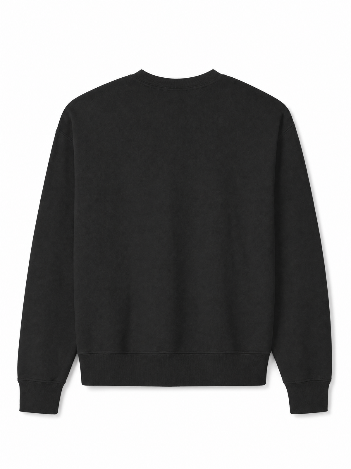 A black crewneck sweatshirt shown from the back, laid flat against a solid white background.