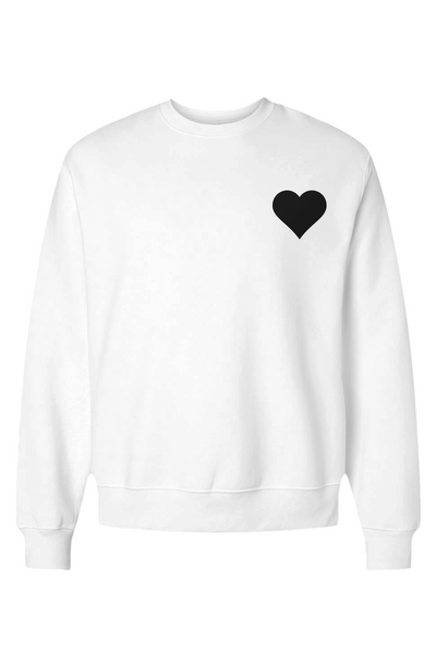 White sweatshirt with a black heart design on a white background