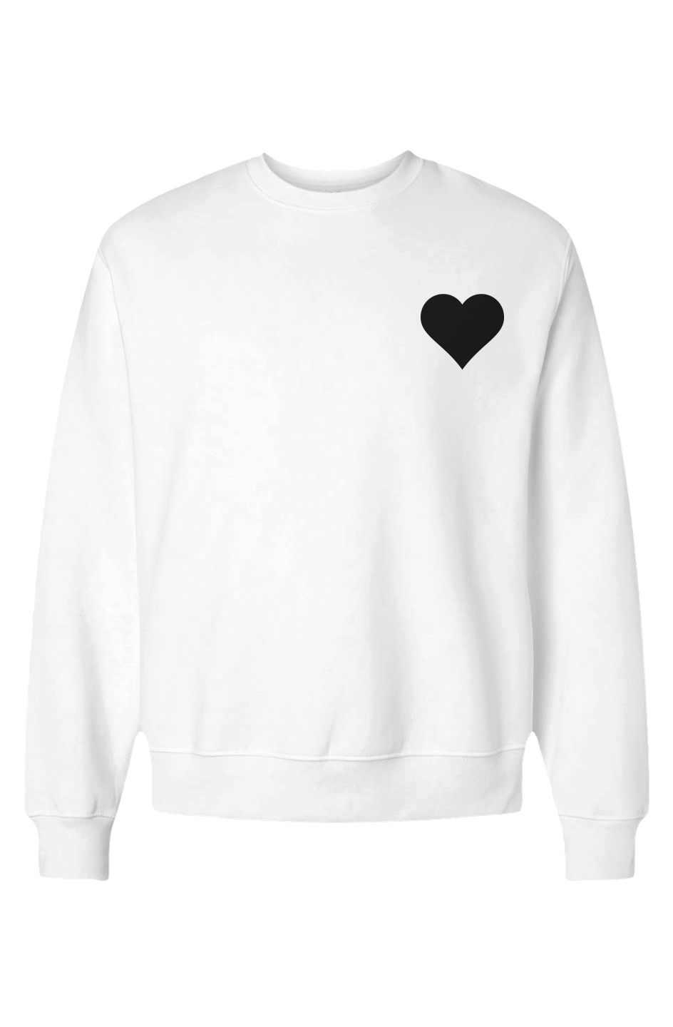 White sweatshirt with a black heart design on a white background