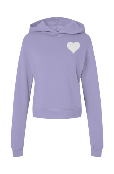 Lavender hoodie with a white heart on a white background