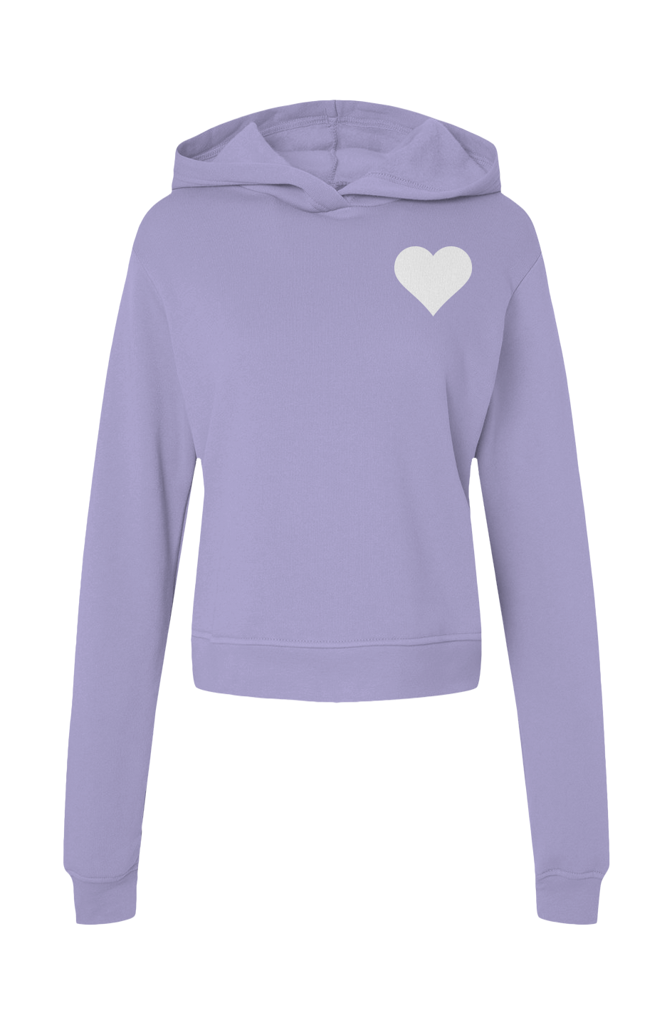 Lavender hoodie with a white heart on a white background