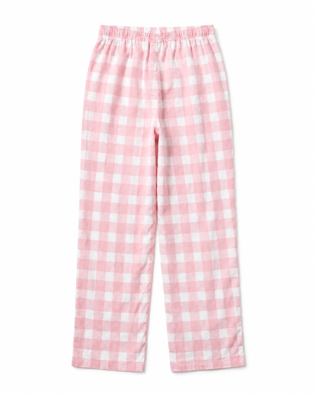 Pink and white gingham check pajama pants with an elastic waistband, shown flat against a white background.