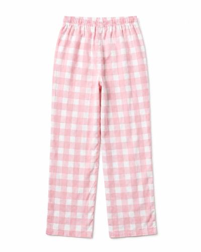Pink and white gingham check pajama pants with an elastic waistband, shown flat against a white background.