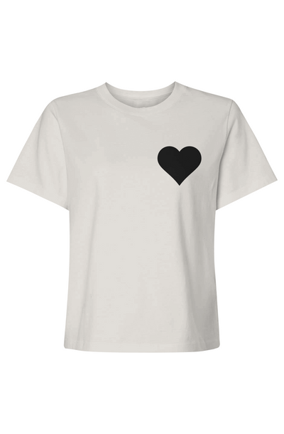 White t-shirt with a black heart on a white background