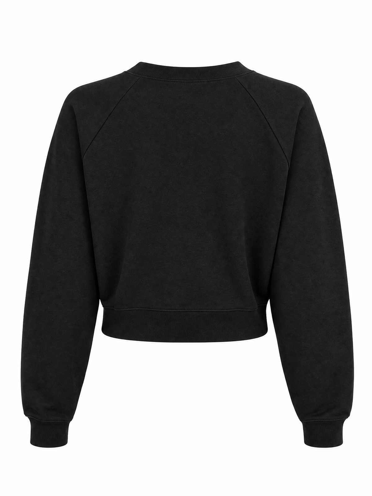A black cropped crewneck sweatshirt with raglan sleeves, shown from the back on a plain white background.
