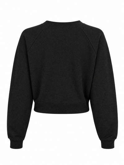 A black cropped crewneck sweatshirt with raglan sleeves, shown from the back on a plain white background.