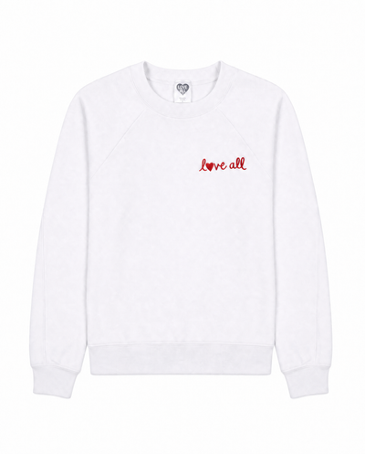 White sweatshirt with 'love all' text on a white background