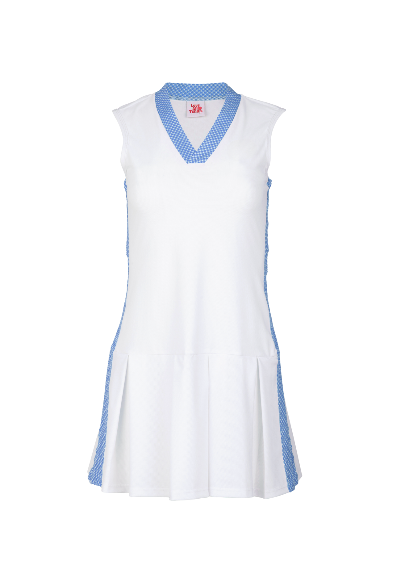 White dress with blue accents on a white background