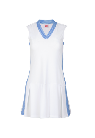 White dress with blue accents on a white background
