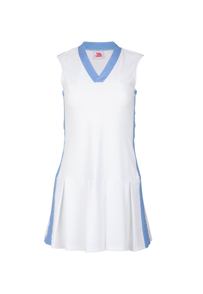 White dress with blue accents on a white background