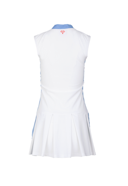 White sleeveless dress with a blue collar on a white background