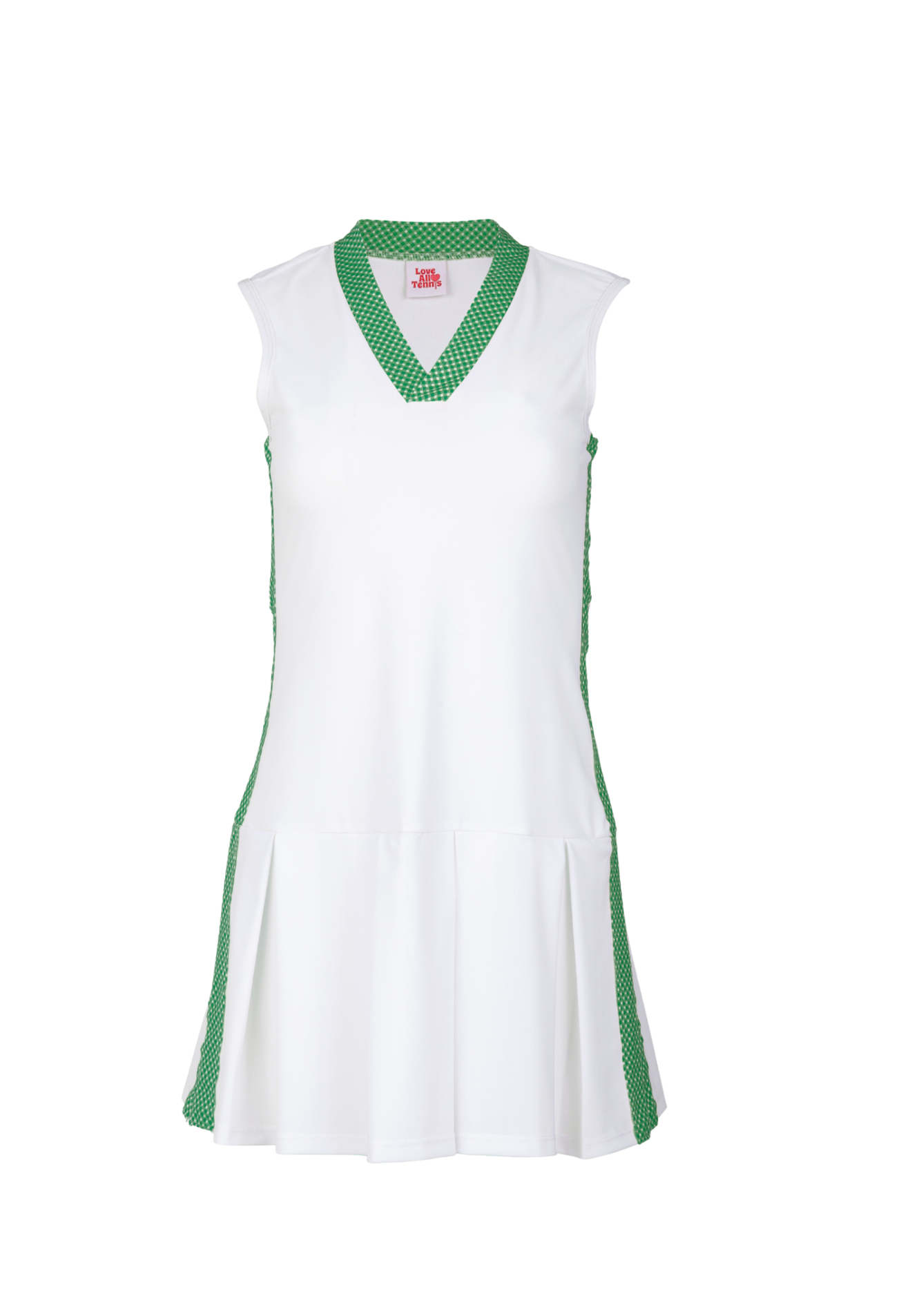 White dress with green accents on a white background