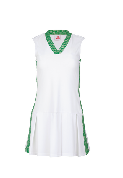 White dress with green accents on a white background