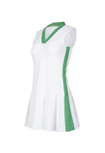 White dress with green accents on a white background