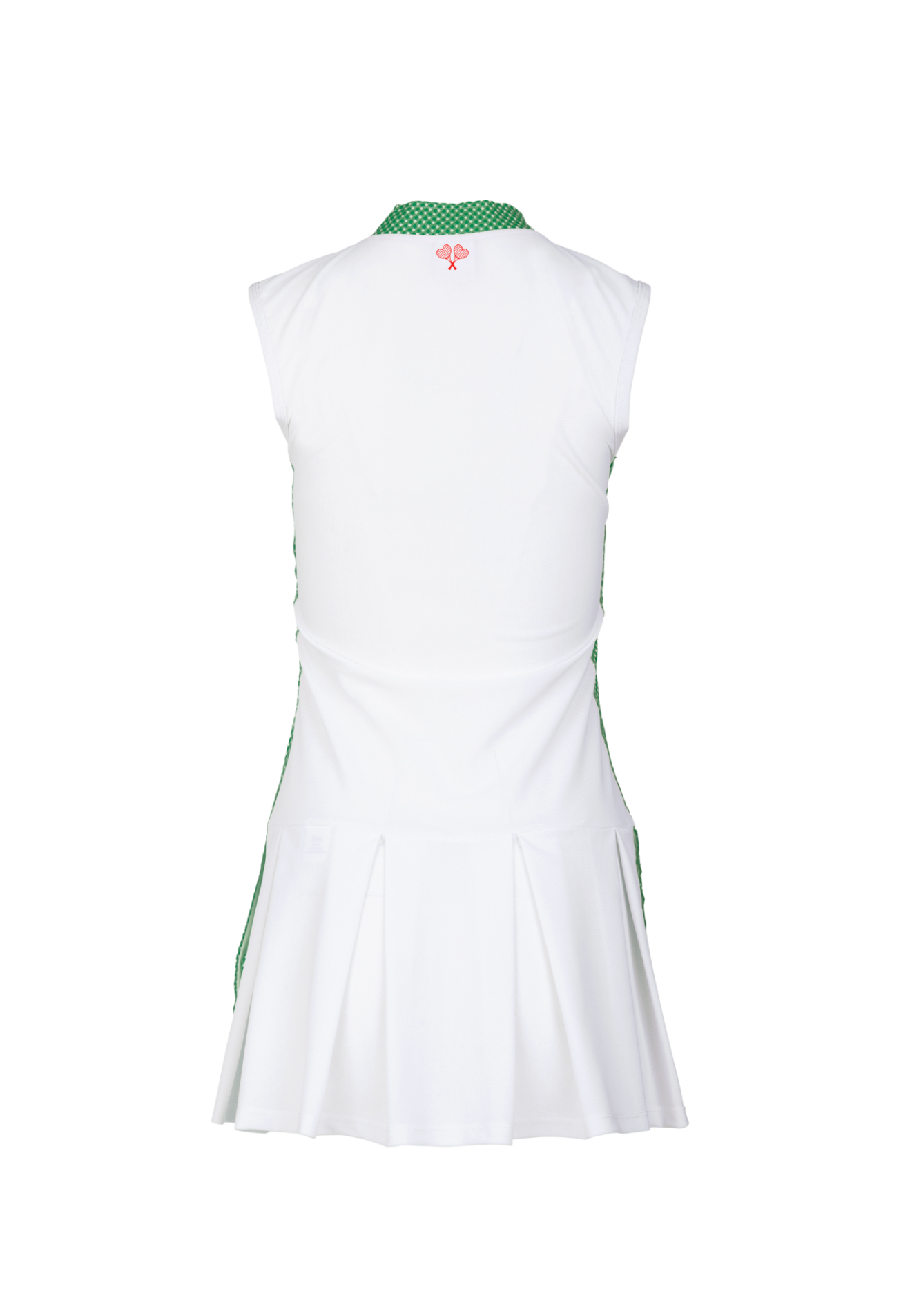 White sleeveless dress with green accents on a white background