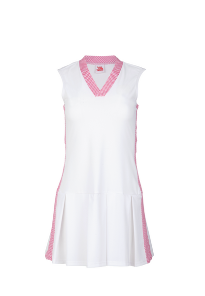 White sleeveless dress with pink accents on a white background
