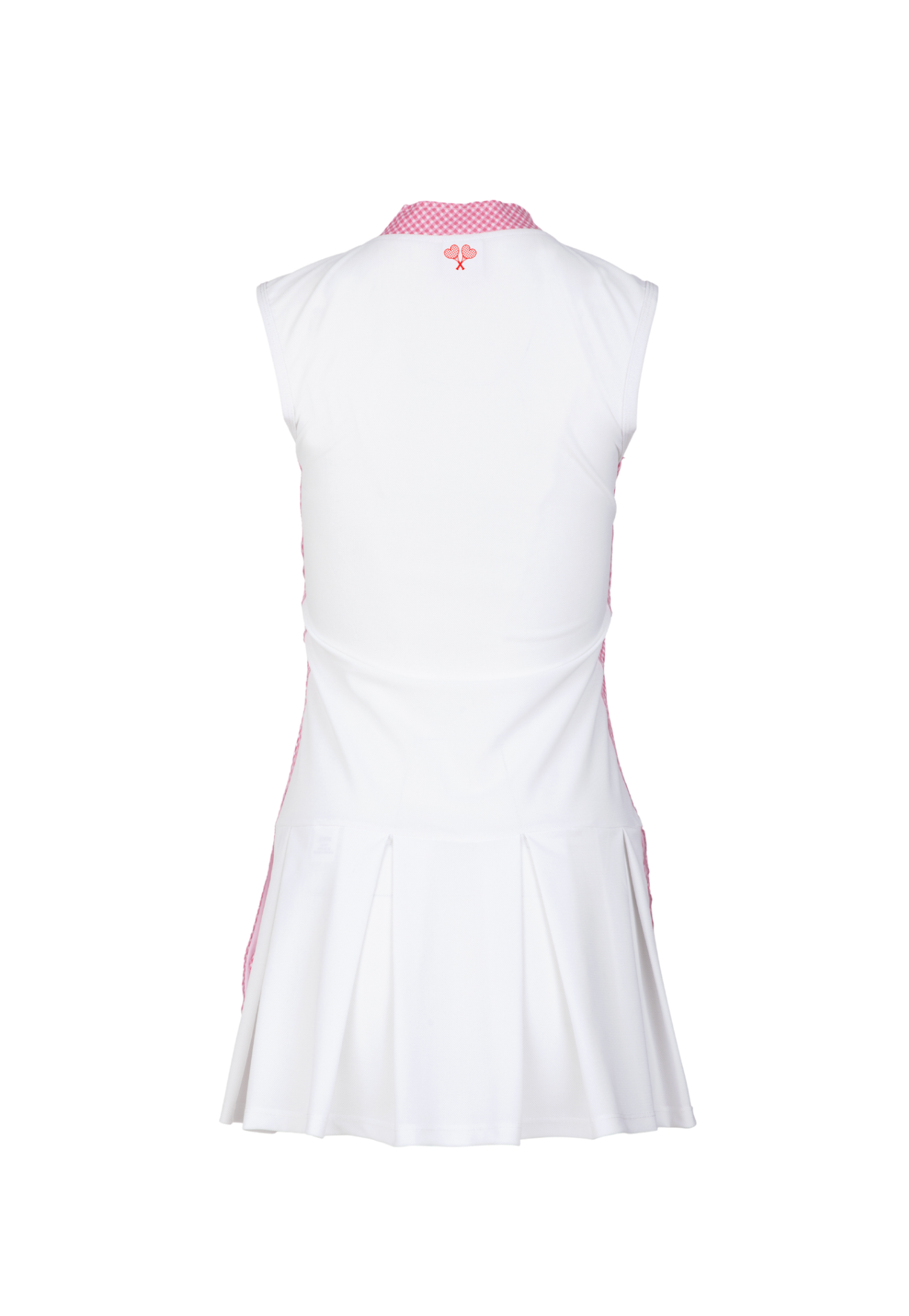 White sleeveless dress with pink accents on a white background