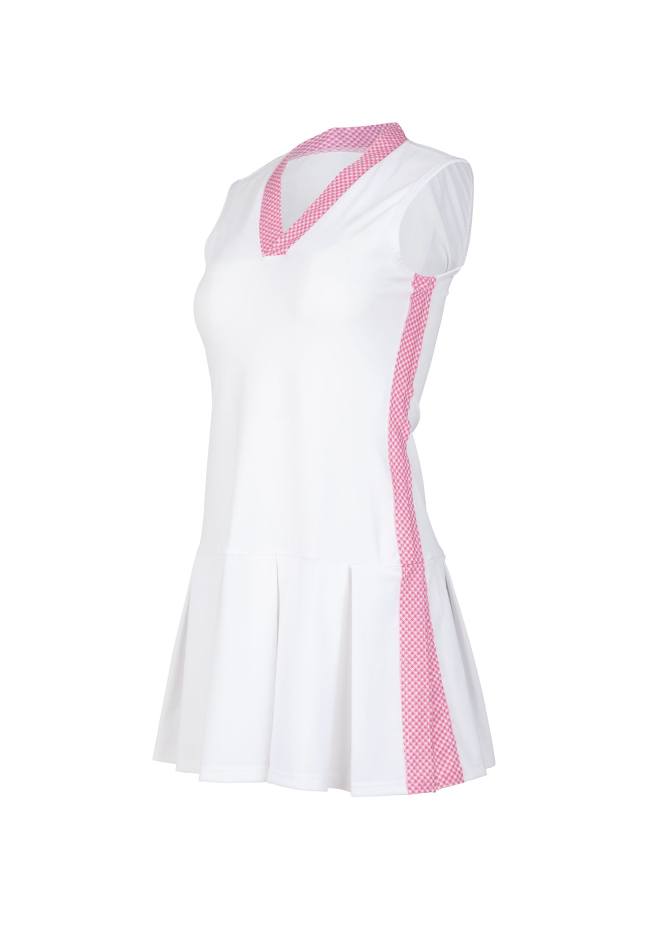 White dress with pink accents on a white background